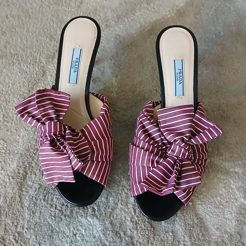 Prada  Burgundy with white‎ stripes Bow Slide kitten heel sandals